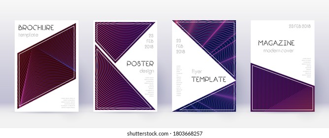 Triangle brochure design template set. Violet abstract lines on dark background. Brilliant brochure design. Alive catalog, poster, book template etc.