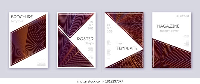 Triangle Brochure Design Template Set. Orange abstrakte Linien auf weinrotem Hintergrund. Atemberaubendes Broschürendesign. Dramatischer Katalog, Poster, Buchvorlage etc.