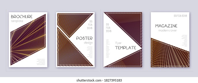 Triangle brochure design template set. Gold abstract lines on bordo background. Bold brochure design. Lovely catalog, poster, book template etc.