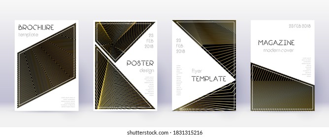 Triangle brochure design template set. Gold abstract lines on black background. Bold brochure design. Grand catalog, poster, book template etc.