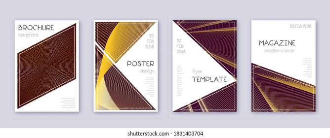 Triangle brochure design template set. Gold abstract lines on bordo background. Bold brochure design. Majestic catalog, poster, book template etc.