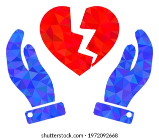 Triangle broken heart protection hands polygonal symbol illustration. Broken Heart Protection Hands lowpoly icon is filled with triangles.