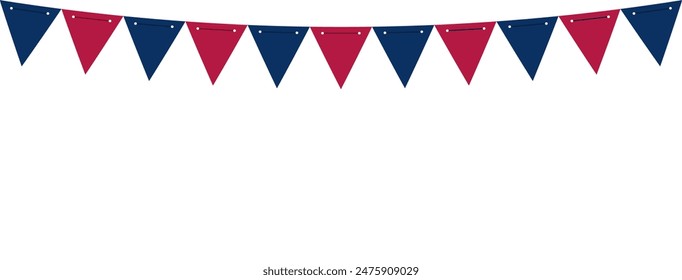 Triangle bunting flags banner template on empty white background. Blue red colors. America 4th of July Memorial or Independence day theme wallpaper. Generative AI technology.	
