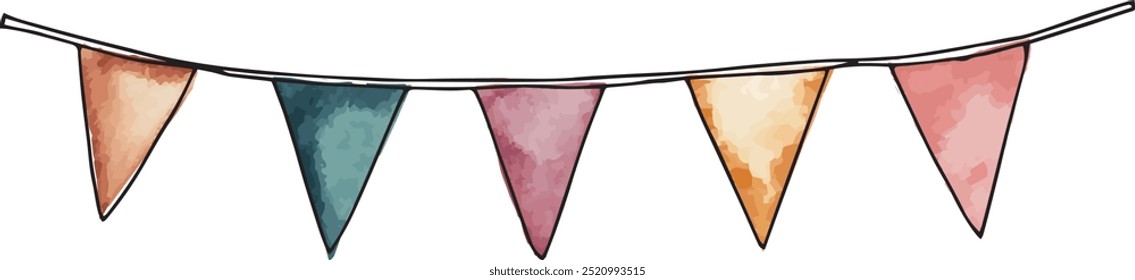 Banderas de bunting del triángulo, decoración de la cuerda aislada en el fondo blanco. Celebración de cumpleaños, fiesta de año nuevo, aniversario. Anuncio decorativo de la guirnalda, elemento del doodle de la acuarela. Vector dibujado a mano 