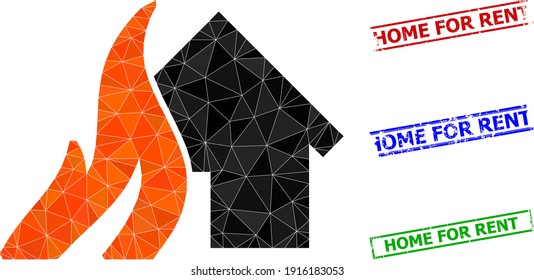 Triangle burn house polygonal icon illustration, and unclean simple Home for Rent stamp prints. Burn House icon is filled with triangles. Simple stamp seals uses lines, rects in red, blue,