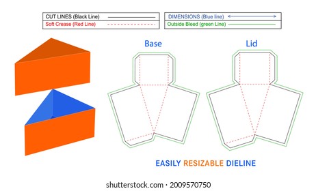 Triangle Cake slice box packaging, Birthday cake slice box dieline template and 3D render, resizable and editable vector file