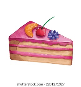 Triangle cake slice with strawberry filling cream and orange cherry fruit decoration on top watercolor vector illustrartion with textured brush stroke artwork