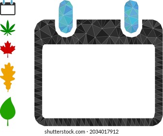 Ilustración 2d poligonal de hoja de calendario triangular e iconos similares. La hoja del calendario está llena de triángulos. Hoja de calendario floja construida con triángulos rellenos al azar.