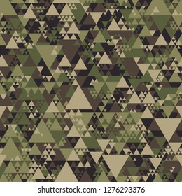Triangle camouflage seamless pattern. Abstract modern geometric tiles military camo texture background. Fabric and fashion print endless texture. Vector illustration.