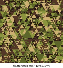 Triangle camouflage seamless pattern. Abstract modern geometric tiles military camo texture background. Fabric and fashion print endless texture. Vector illustration.