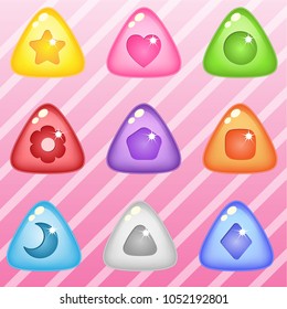 Triangle candy block puzzle button glossy jelly. 2d asset for user interface GUI in mobile application or casual video game. Vector for web or game design. Decorative GUI elements, Cartoon colorful