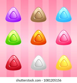 Triangle Candy Block Puzzle Colorful match 3 button glossy jelly. 2d asset for user interface GUI in mobile application or casual video game. Vector for web or game design. Decorative GUI elements.