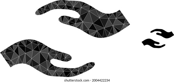 Triangle care manos ilustración de icono poligonal. El icono de la barra inferior de las manos de cuidado se llena de triángulos. Símbolo plano de malla abstracta basado en el icono de las manos de cuidado.