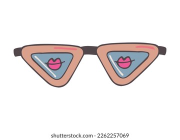 Triangle cat eyes sunglasses with lips in retro style. Fashion summer high-pointed sun glasses. Stylish women accessory. Trendy eyewear. Cartoon sticker. Isolated white background. clipart. vector ill