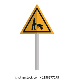 triangle caution emblem and laborer with wheelbarrow