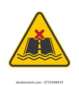 Triângulo sinaliza estrada submersa em água, simbolizando rua inundada e estrada fechada