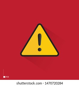 Triangle caution vector icons. Warning alert sign. Red background with flat design