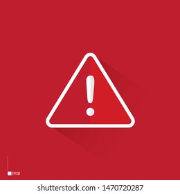 Triangle caution vector icons. Warning alert sign. Red background with flat design