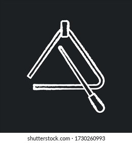 Triangle chalk white icon on black background. Percussion tool for acoustic band performance. Orchestral musical instrument. Play music beat and rhythm. Isolated vector chalkboard illustration