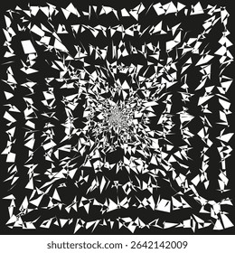 Triangle chaos square. Fragmented shape pattern. Abstract vector contrast. Black background symbol.