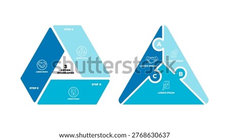 triangle chart infographic template with 3 options set for presentations. venn diagram triangle 3 parts, options, steps, process. vector editable