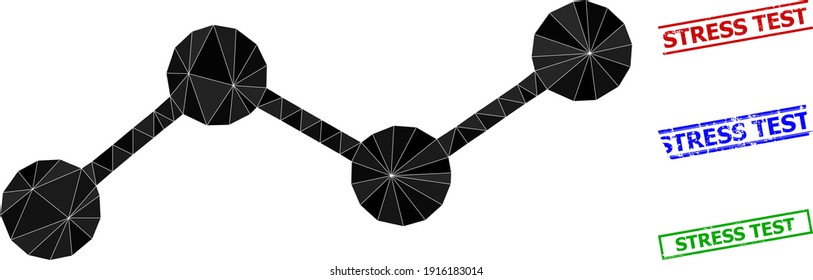Triangle Chart Polygonal Icon Illustration, And Textured Simple Stress Test Stamp Seals. Chart Icon Is Filled With Triangles. Simple Seals Uses Lines, Rects In Red, Blue, Green Colors.