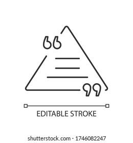 Triangle chat bubble with quotes pixel perfect linear icon. Empty box for direct speech. Thin line customizable illustration. Contour symbol. Vector isolated outline drawing. Editable stroke