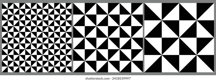 Triangle checkerboard seamless pattern vector set. Different size triangle pattern texture background. 