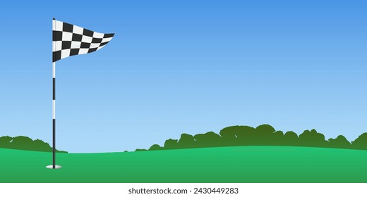 A triangle checkered golf flag waving on a flagpole, on a lush green course against a blue sky and trees background, vector illustration.