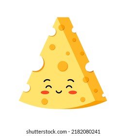 Triangle cheese with hole slice smiling emoji vector icon isolated on white background. Kawaii smile cute triangular piece of yellow cheese character. Organic milk food cartoon style illustration.