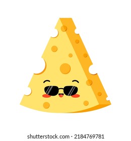 Triangle cheese with hole slice in sunglasses emoji vector icon isolated on white background. Kawaii cute cool summer triangular piece of cheese character. Organic milk food cartoon illustration.