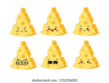 Triangle cheese with hole slices emoji vector set isolated on white background. Kawaii cute triangular pieces of yellow cheese character. Organic milk food cartoon style illustration. svg