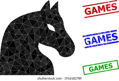 Triangle chess horse polygonal icon illustration, and rubber simple Games seals. Chess Horse icon is filled with triangles. Simple stamp seals uses lines, rects in red, blue, green colors.