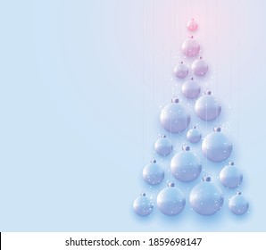 Dreieckige Weihnachtsbäume mit matten hellblauen und rosa Weihnachtsbällen, die auf Fäden hängen. Platz für Text. Vektorfestivals.