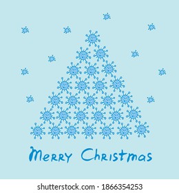 Triangle, Christmas Tree Shape Made of Coronavirus Icons, cells. Xmas Spruce Silhouette and COVID-19 Symbols, Skeptical Pandemic Greeting Card, Black Humor Concept