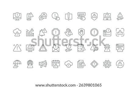 Triangle, circle, octagon, rhombus signs with exclamation point to stop and warn thin black outline symbols vector illustration. Warning information, error message of problem line icon set.
