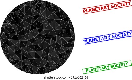 Triangle circle polygonal icon illustration, and textured simple Planetary Society stamp seals. Circle icon is filled with triangles. Simple seals uses lines, rects in red, blue, green colors.