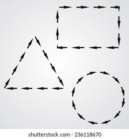 Triangle, Circle and Rectangle made by Brushed and Textured Arrows. Vector Frames. 