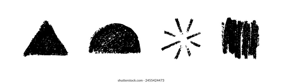 triangle, circle, scratch basic geometric shapes set. Hand drawn Noise grunge pencil charcoal or crayon texture figures
