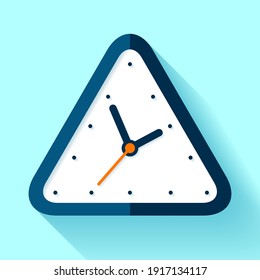 Triangle clock icon in flat style, timer on blue background. Simple watch. Vector design element for you business projects