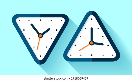 Triangle clock icon set in flat style, timer on blue background. Simple watch. Vector design element for you business projects