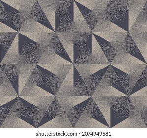 Triangle Clockwise Gradient Stippled Seamless Pattern Bauhaus Design Vector Abstract Background. Various Triangles Geometric Texture Dotted Repetitive Wallpaper. Halftone Retro Colors Art Illustration