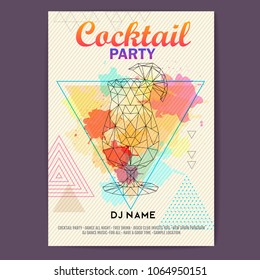 Triangle Cocktail tequila sunrise on artistic polygon watercolor background. Cocktail disco party poster