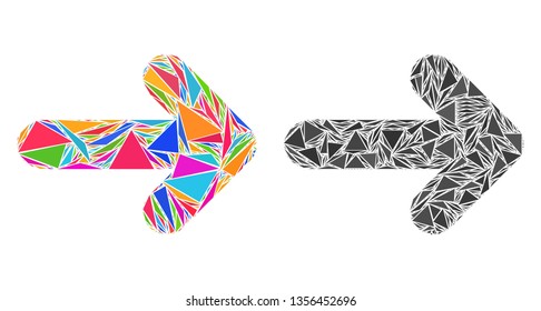 Triangle collage Arrow right icons united from triangle items in variable sizes, positions and proportions. Vector triangles are composed into abstract collage arrow right icons,