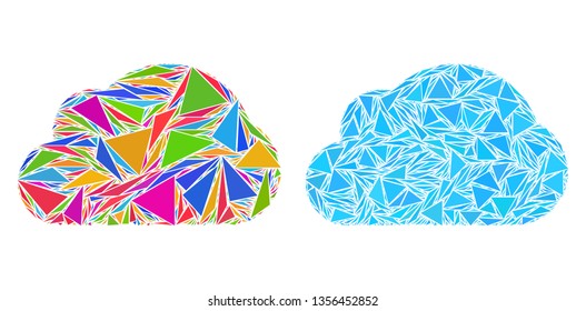 Triangle collage Cloud icons composed of triangle elements in various sizes, positions and proportions. Vector triangles are grouped into abstract collage cloud icons, in classic and bright colors.