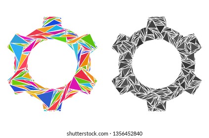 Triangle collage Cog icons designed from triangle items in various sizes, positions and proportions. Vector triangular polygons are arranged into abstract mosaic cog icons,