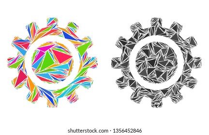 Triangle collage Cog icons designed from triangle elements in variable sizes, positions and proportions. Vector triangular polygons are organized into abstract collage cog icons,