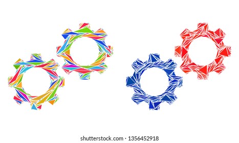Triangle collage Gears icons designed from triangle items in variable sizes, positions and proportions. Vector triangles are arranged into abstract collage gears icons, in classic and bright colors.