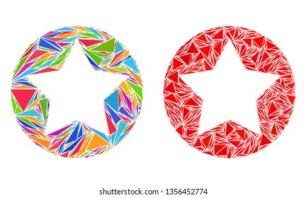 Triangle collage Rounded star icons united from triangle elements in various sizes, positions and proportions. Vector triangles are united into abstract composition rounded star icons,