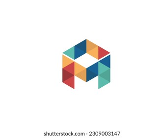 Plantilla de diseño de logotipo comercial de la letra hexagonal M con colores triangulares